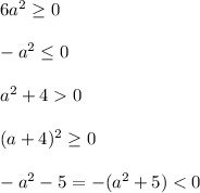 6a^2 /geq 0////-a^2 /leq 0////a^2+4&gt;0////(a+4)^2 /geq 0////-a^2-5=-(a^2+5)&lt;0